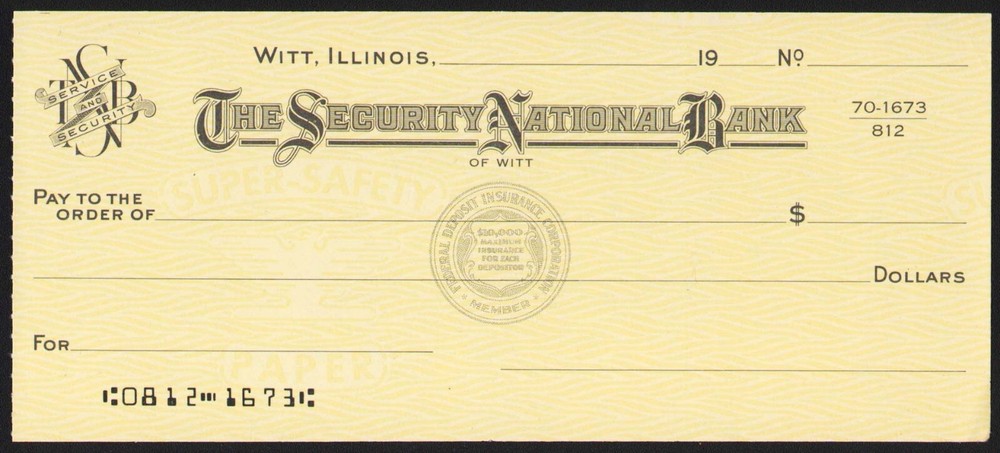 Vintage bank check THE SECURITY NATIONAL BANK Witt Illinois new old stock nrmt+
