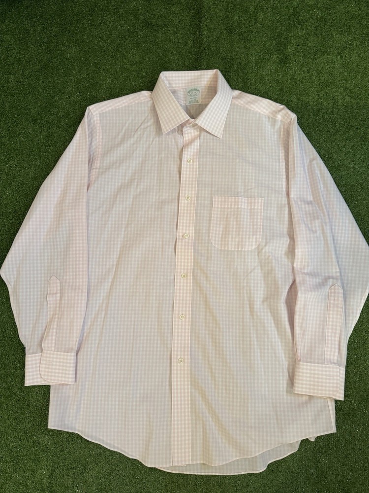 Brooks Brothers Milano Mens 17-33 Fit Supima Cotton Plaid Dress Shirt Pink