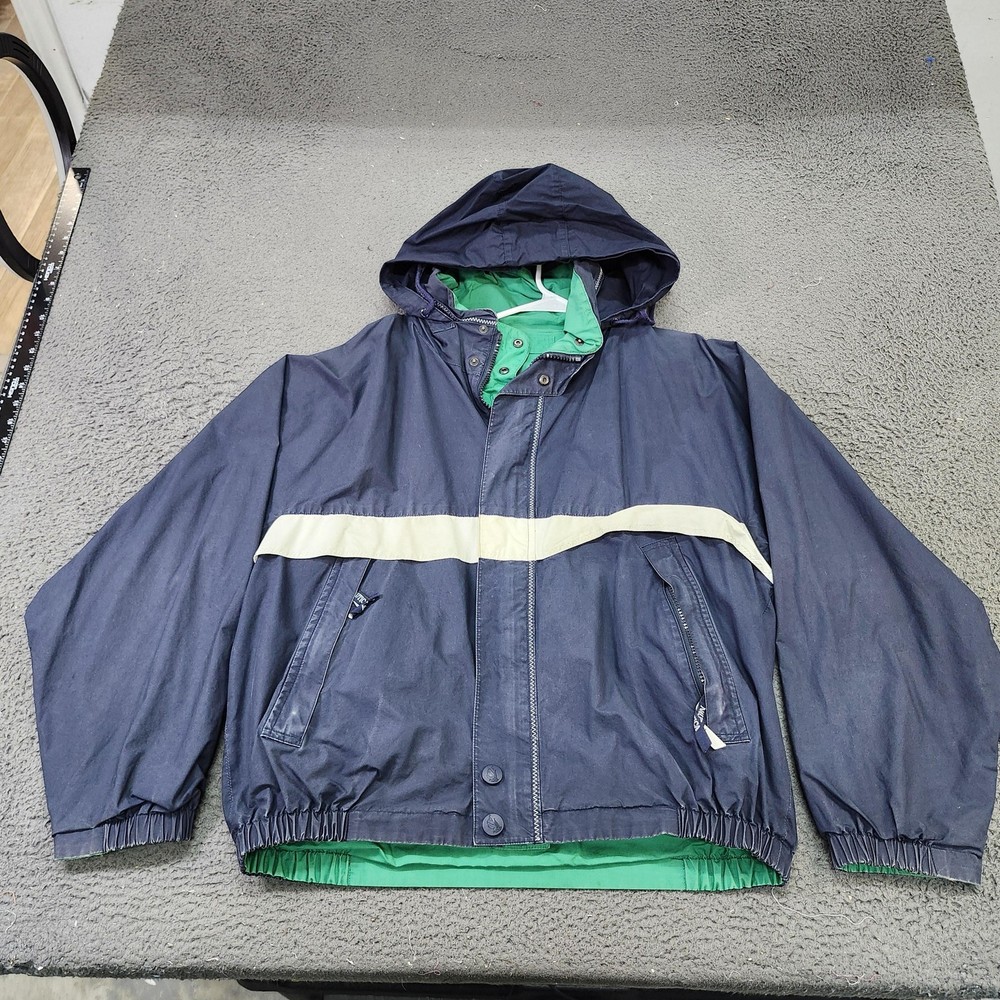 Nylon Windbreaker Jacket Mens XL Blue Hooded Full Zip Striped Lined Casual