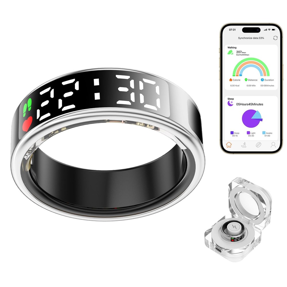 Smart Ring Health Tracker with LED Display Screen, IP68 Waterproof Fitness Tr...
