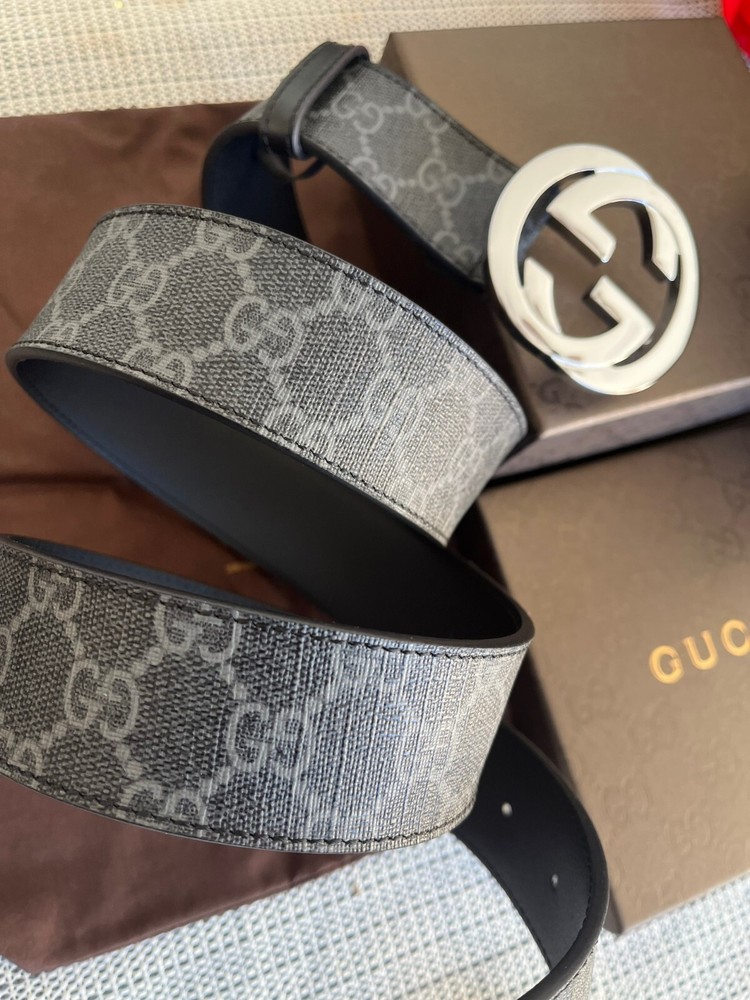 Gucci Men's GG Monogram Supreme  Black-Gray Leather Belt Size 115 cm 40/42 Waist