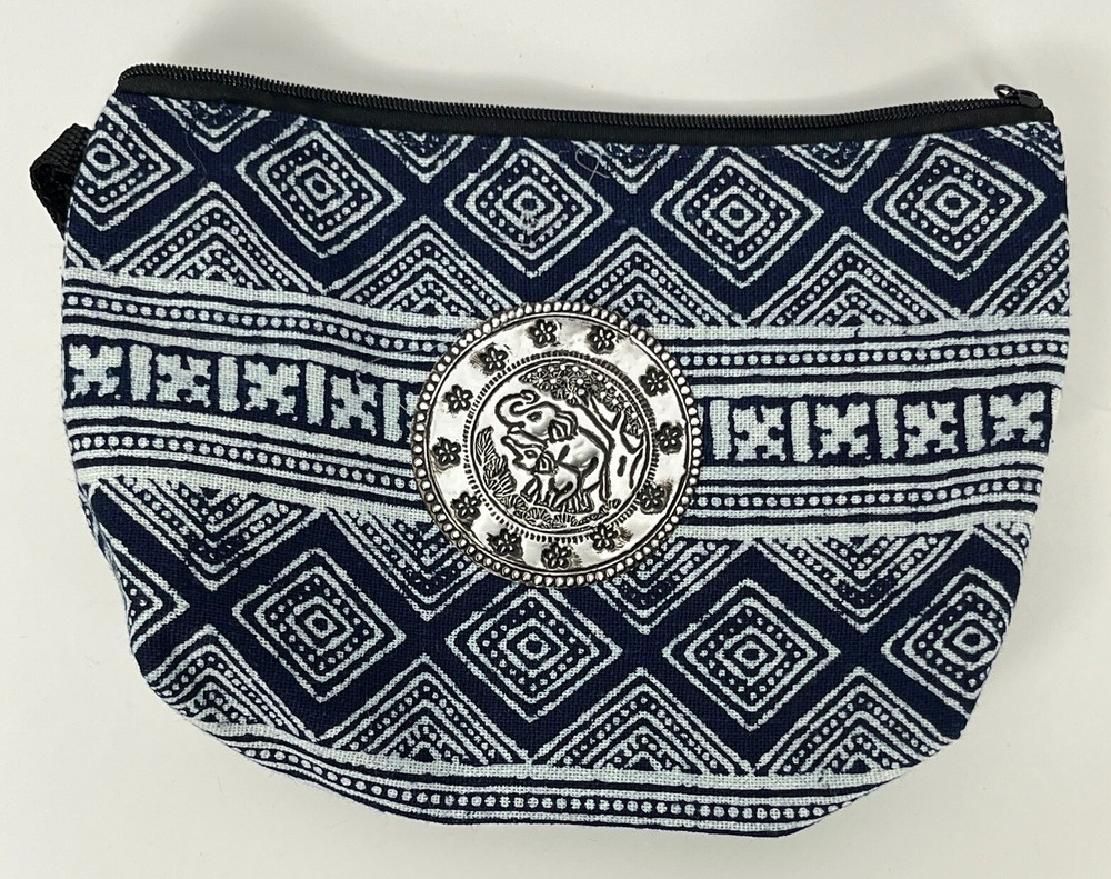 Cosmetic Bag Zip Makeup Canvas Case Travel Organizer Blue Elephant Medallion New