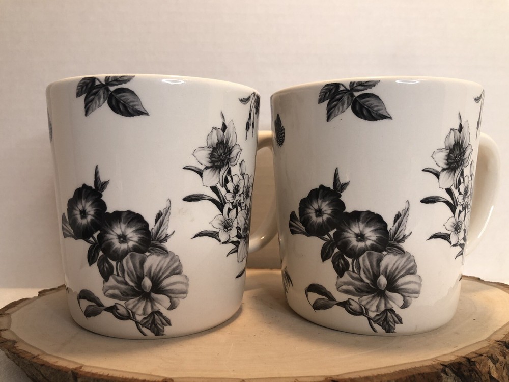2 PIER 1 Black & White Monochrome Floral Mug Mugs Large