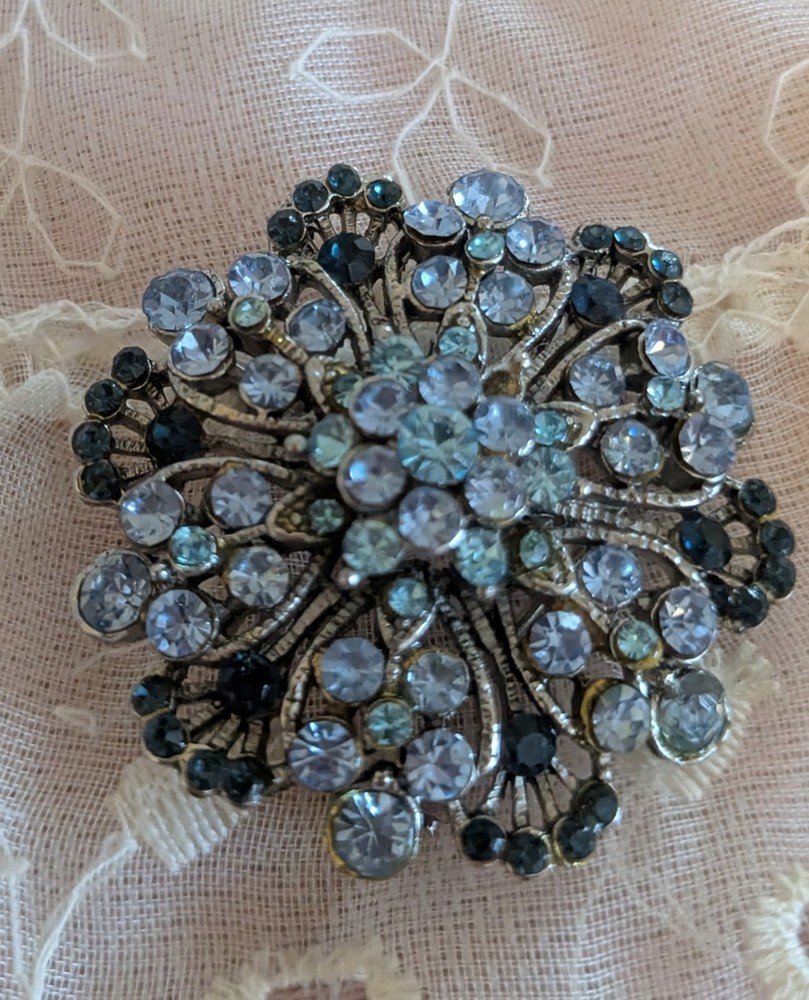 Vintage Cluster Rhinestone Flower Brooch Pin and Necklace Blue Silver Jewelry