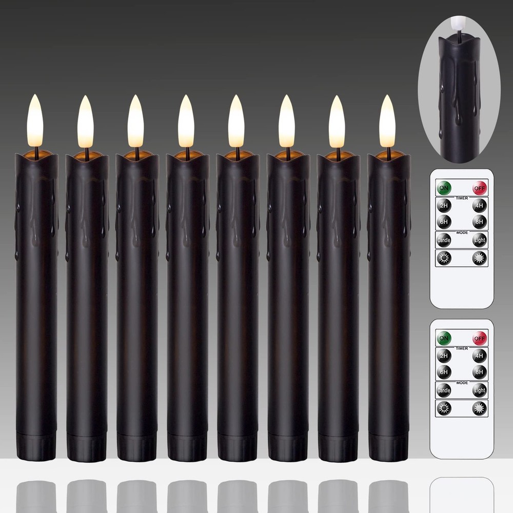 Flameless Flickering Taper Candles Two Remote, 7.5 Inch Black Battery Operate...
