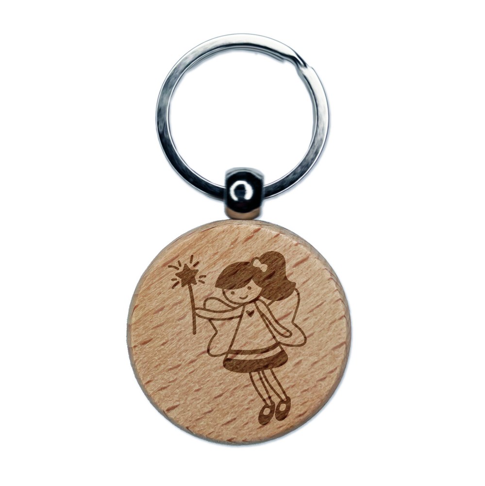 Sweet Fairy with Wand Engraved Wood Round Keychain Tag Charm