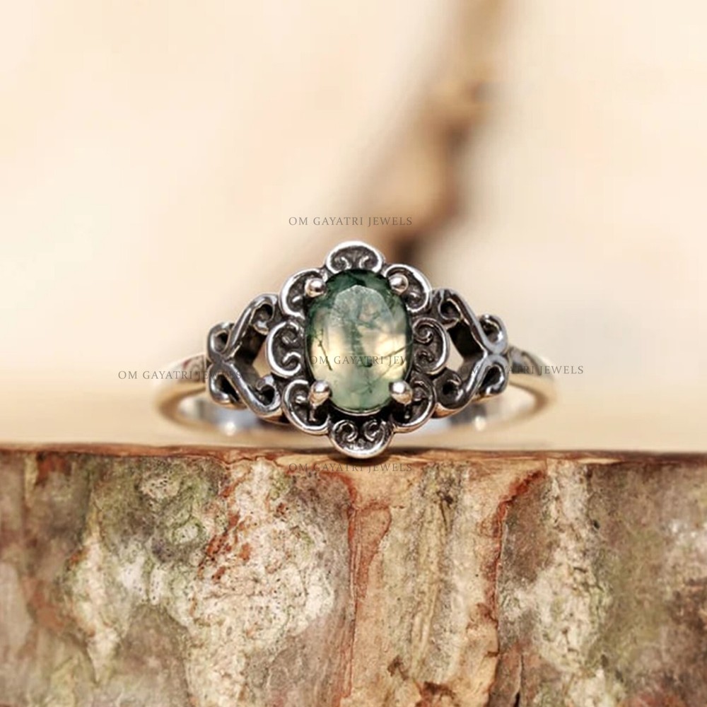 Unique Moss Agate Gemstone 925 Sterling Silver Handmade Ring 6x8mm Agate Ring