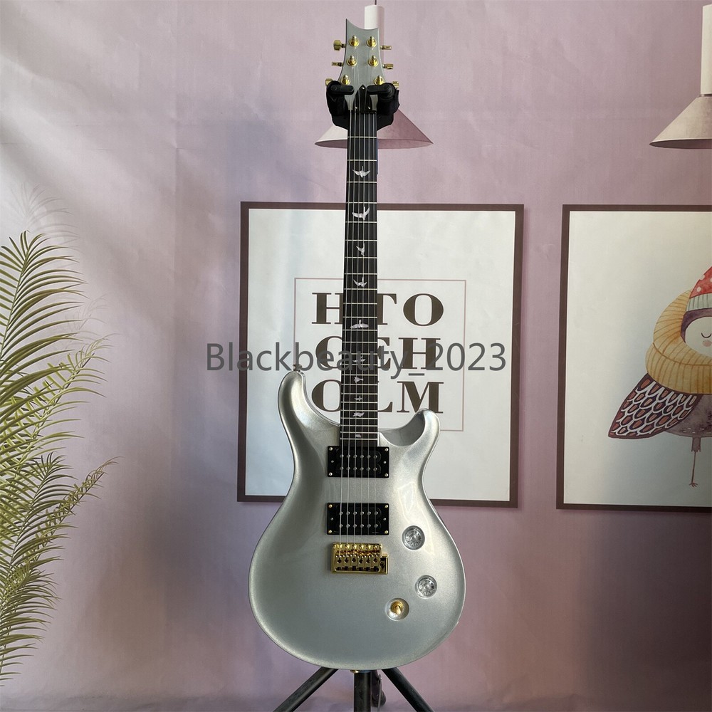 6 String Silver PRS Electric Guitar HH Pickups Mahogany Body&Neck Tremolo Bridge