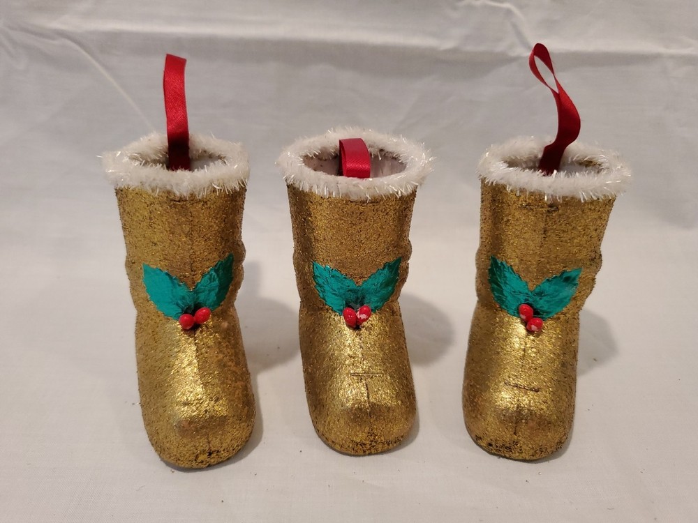 Vtg Christmas 3 Chenille Santa Claus Cardboard Candy Container Gold Boot Japan