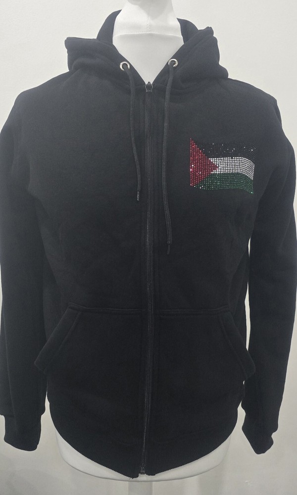 Palestine Zip Hoodie, Rhinestone Flag, Black, High Quality, Unisex. Small-2XL
