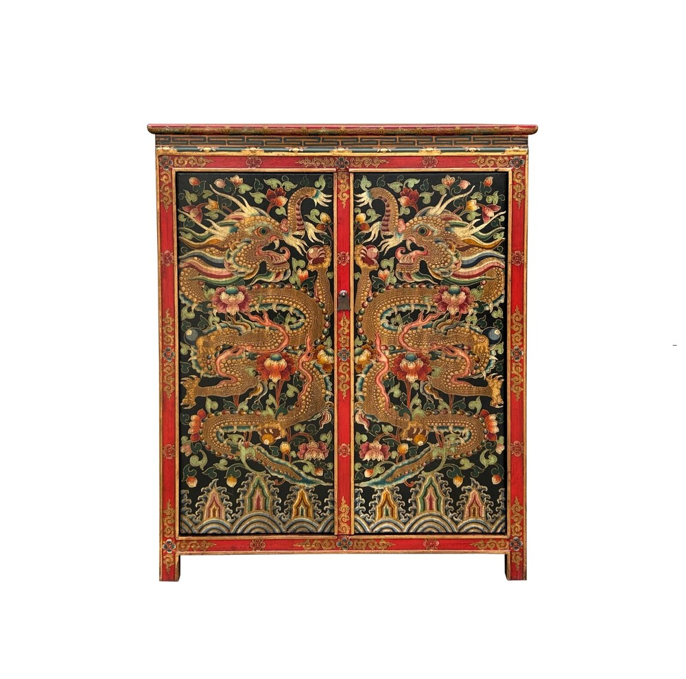Tibetan Style Golden Double Dragons Graphic Credenza Storage Cabinet ws4618