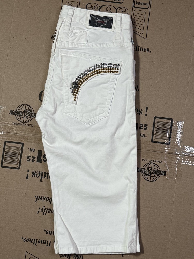 New Men’s Robin’s Jean Denim Shorts Size 29 Swarovski Crystals White Flap Soft