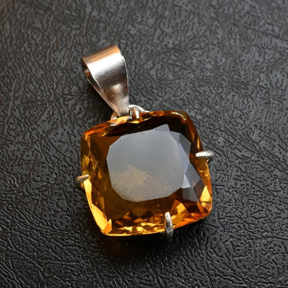 Certified Natural Yellow Citrine Gemstone 925 Sterling Silver Pendant 25 CT