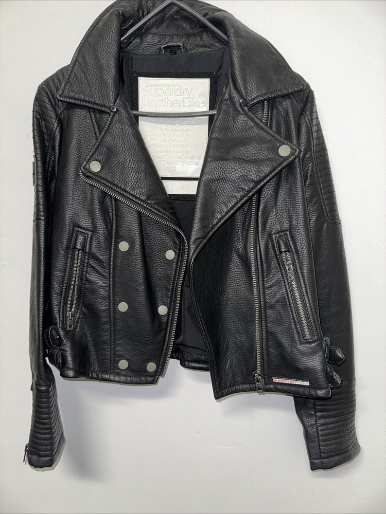 Superdry Leatherlike Rare Black Biker Women's Jacket Size L
