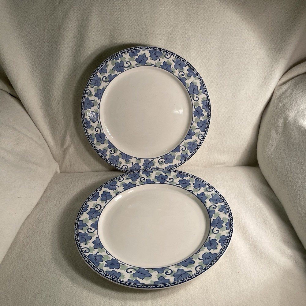 Vtg Pfaltzgraff Blue Isle Dinner Plates Blue & Green Leaf Pattern Retired Set2