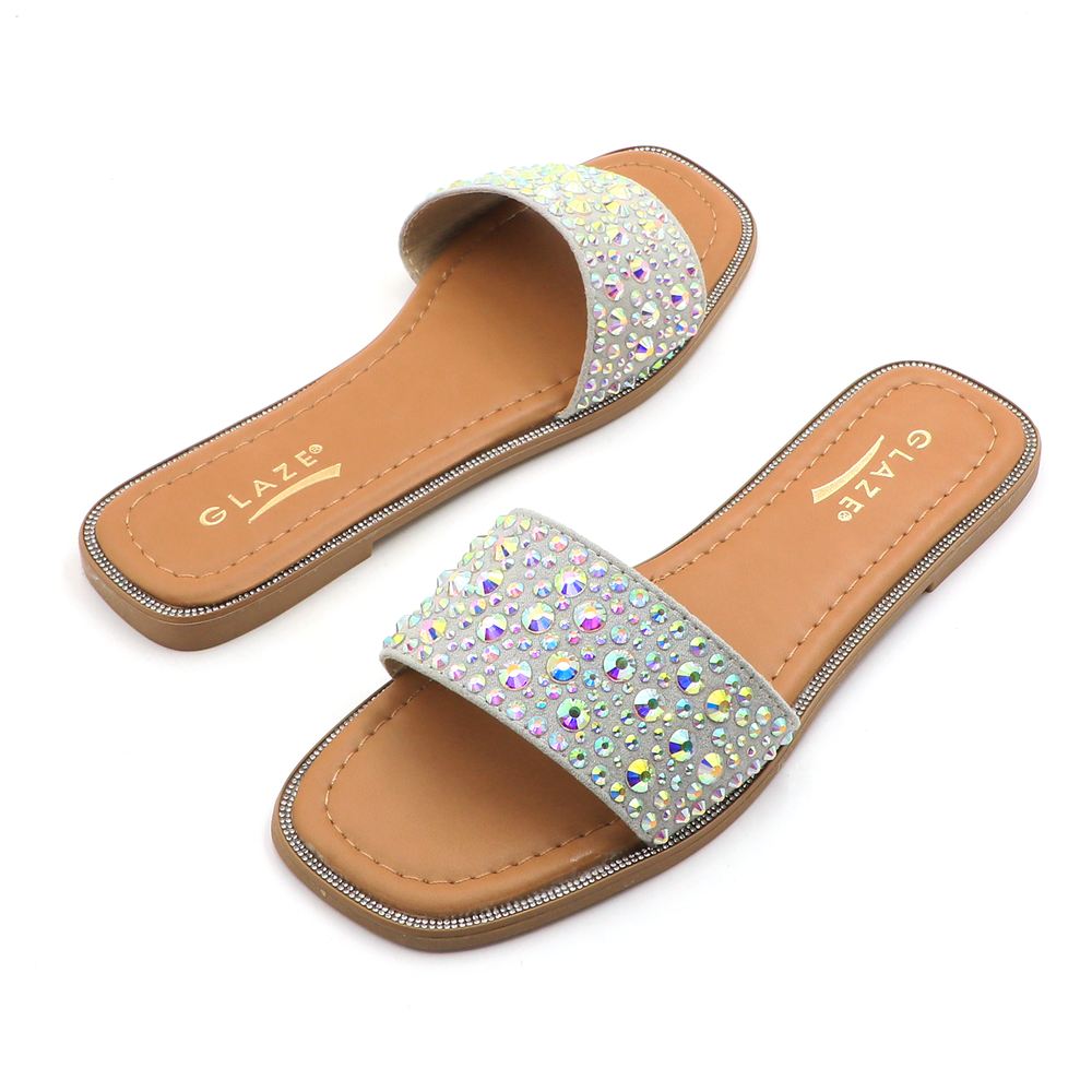 Glaze Women's Crystal Rhinestone Summer Casual Slide Sandals Square Toe