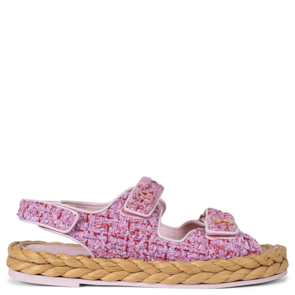 CHANEL Pink 22P Dad Tweed Flat Sandals Size 39.5