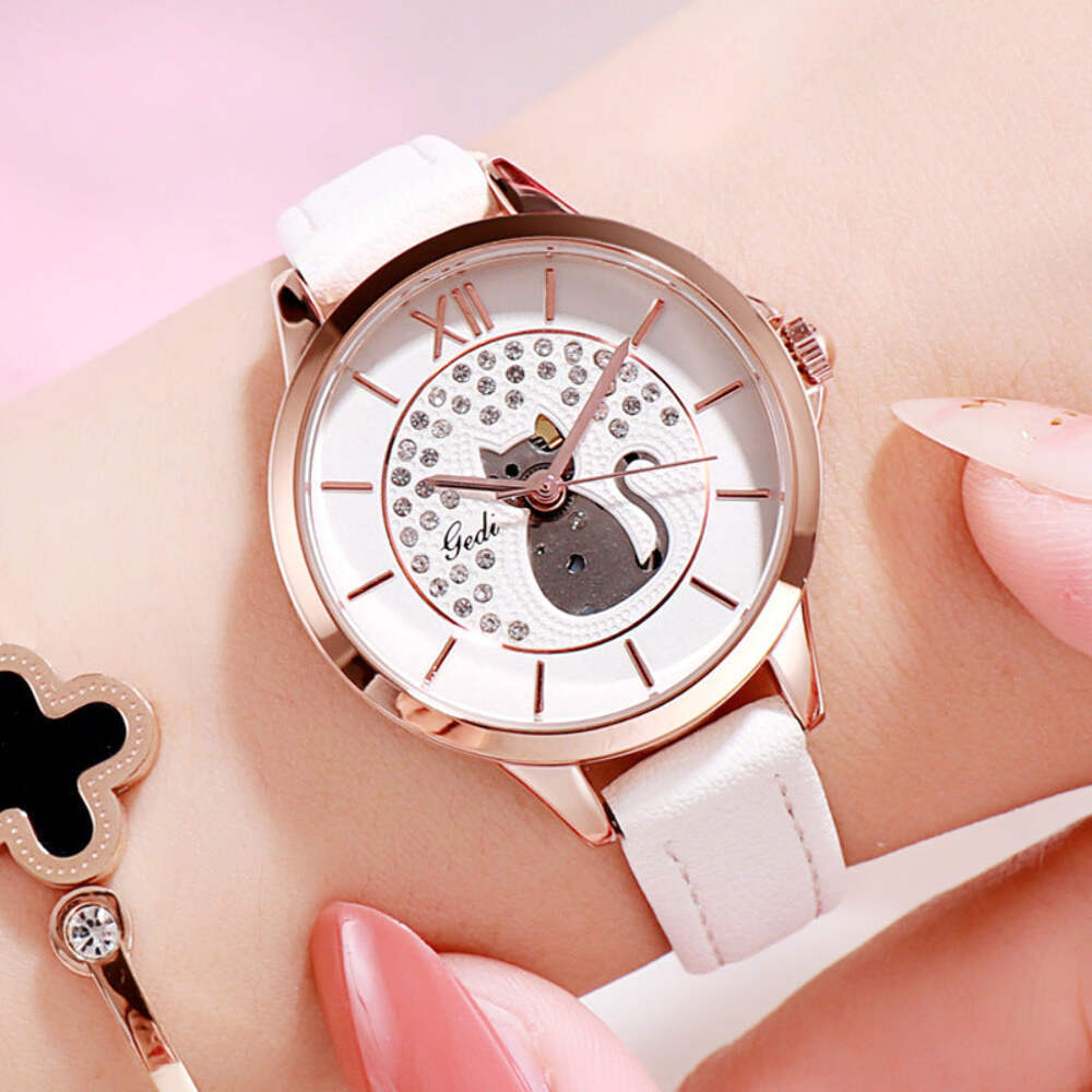 Girls' Stylish Quartz Leather Strap Wristwatch with Flat Top Crown, 8mm Thicknes