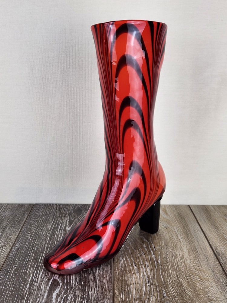 Murano Venetian Hand Blown Glass Boot Vase Red Black Swirl Art Glass Collectible