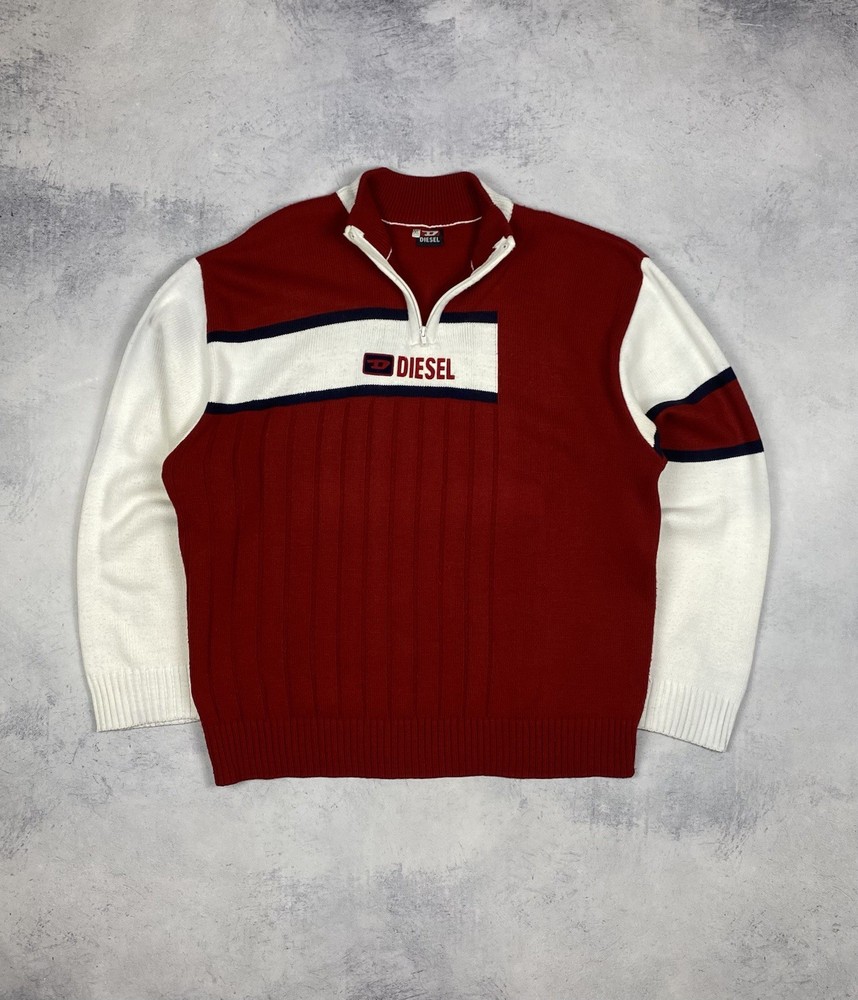 Vintage 90s Diesel Big Logo 1/4 Zip Knit Sweater Jumper Y2K Red  Men's Size XL