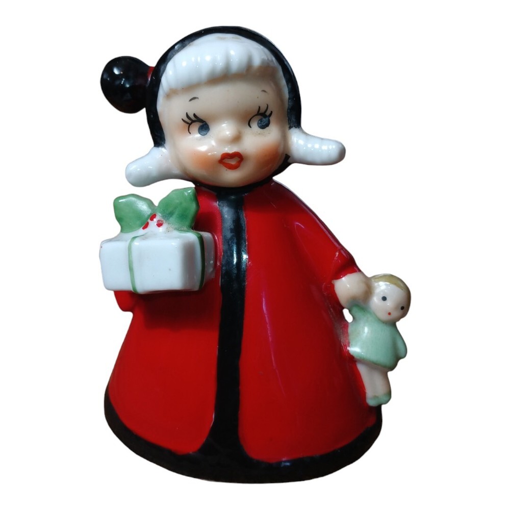 Vintage Japan Hand Painted Porcelain Figural Bell Girl w/ Gifts - Repaired