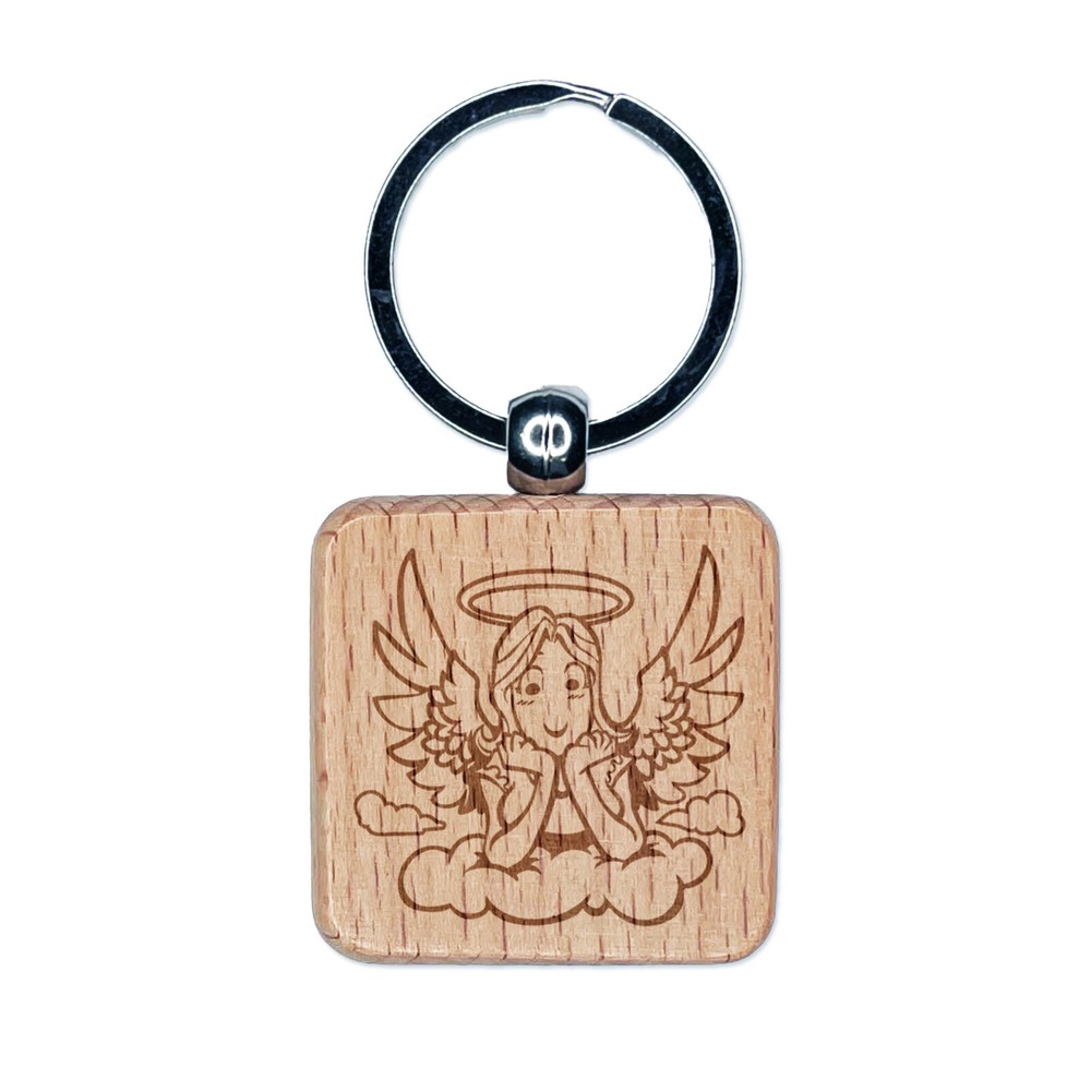 Angel Engraved Wood Keychain Charm - Cloud Design Square Tag  