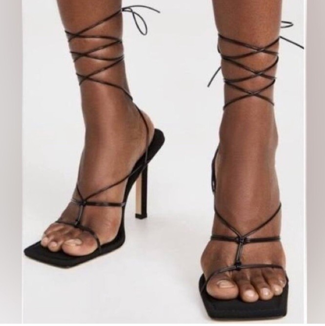 Good American Black Neoprene Square Heel Lace Up Sandals Size 10