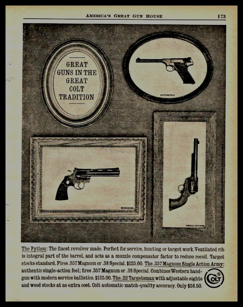 1961 COLT Python Single Action Army .57 Magnum Revolver  Targetsman Pistol AD