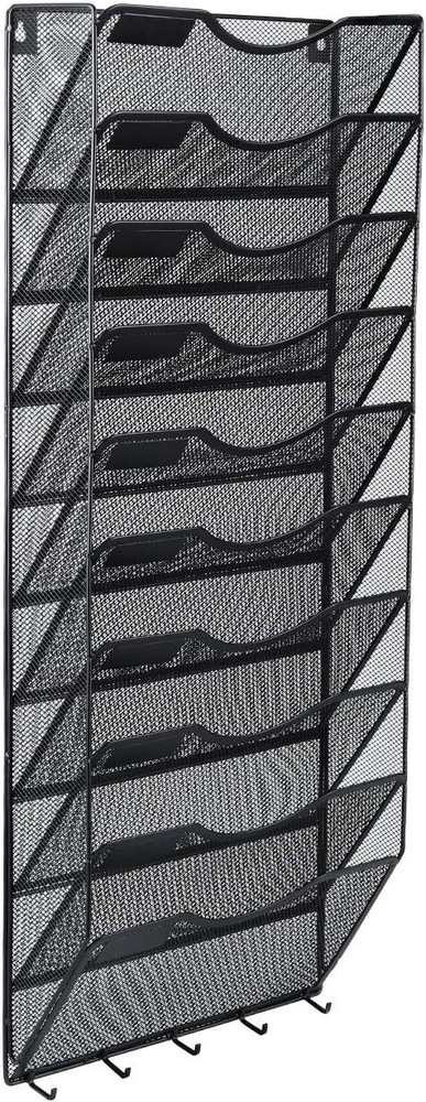 Space-Saving Wall-Mounted File Organizer with Key Hooks - Powder Coated Black