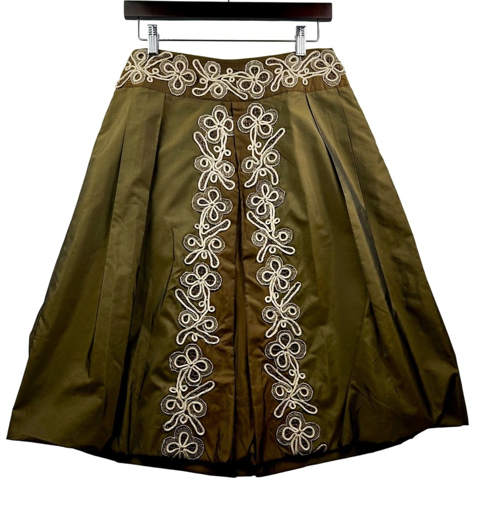 Anthropologie ODILLE Skirt Size 4 Olive Green A-Line Preppy Indie Embroidered