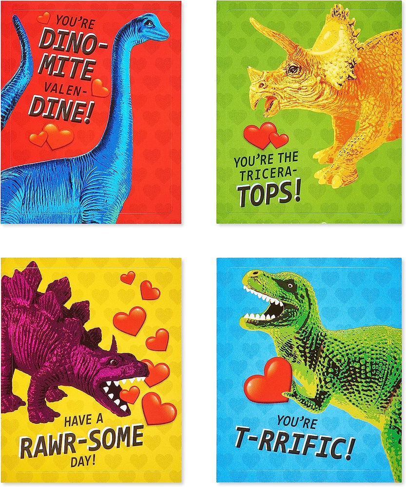 Valentines Stickers for Kids, Dinosaur (40-Count)