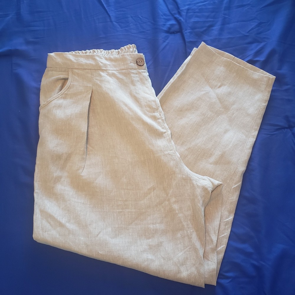 Minibee Linen Pants Size XXL Tapered Wide Leg Elastic Waist Beige Lagenlook