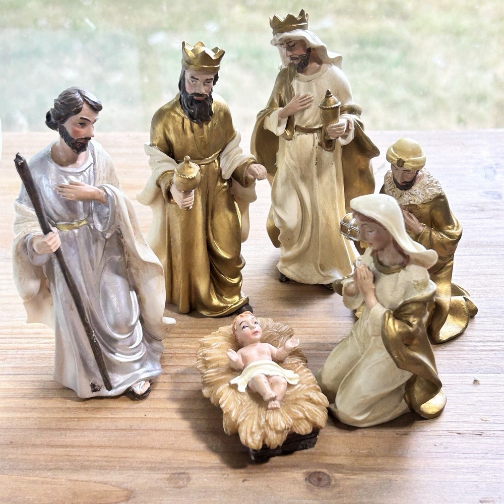 Seasonal Elegance 6pc. Nativity Set Porcelain Gold/White/Silver 4.5” Christmas-image