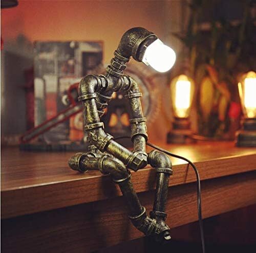 Steampunk Table Lamp Retro Industrial Bronze Pipe Robot Desk Lamp with 2 Ed...