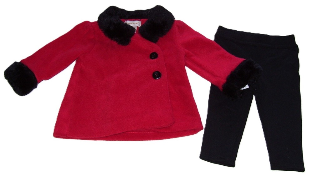 Girls Savannah 2 Pc Red Black Fleece Fur Coat and Jeggings Outfit 3-6M