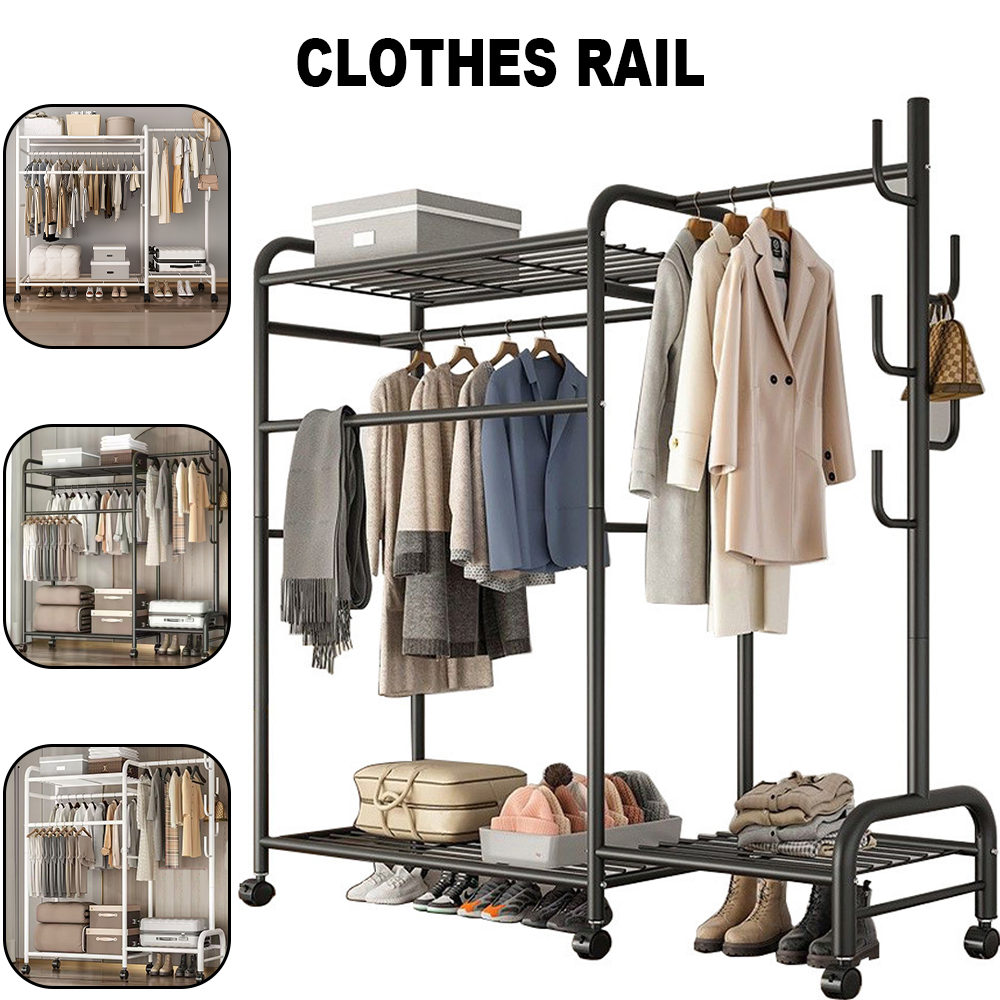 3-In-1 Heavy Duty Clothing Rack with Shelves Load 620Lbs Closet Rack With Wheels