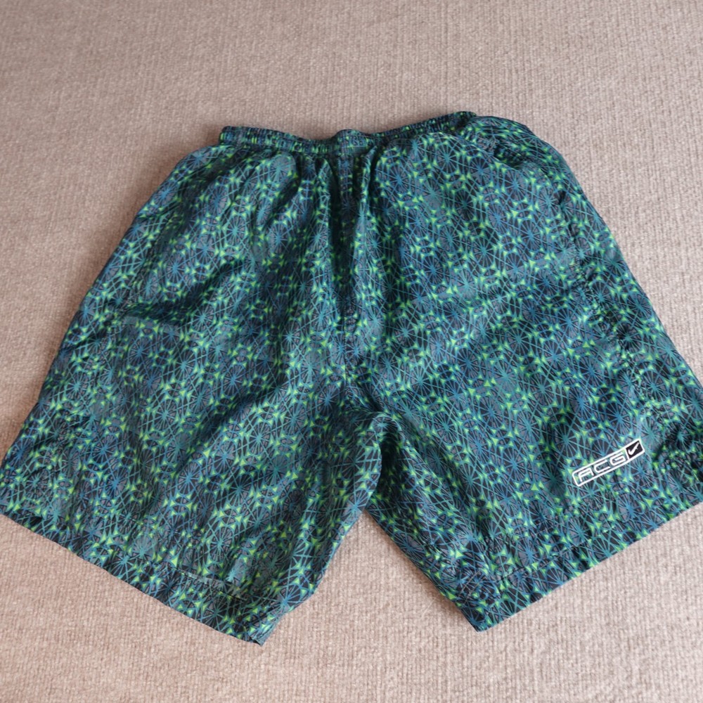 Vintage Nike ACG Shorts Small Green All Over Lined Drawstring Embroidered