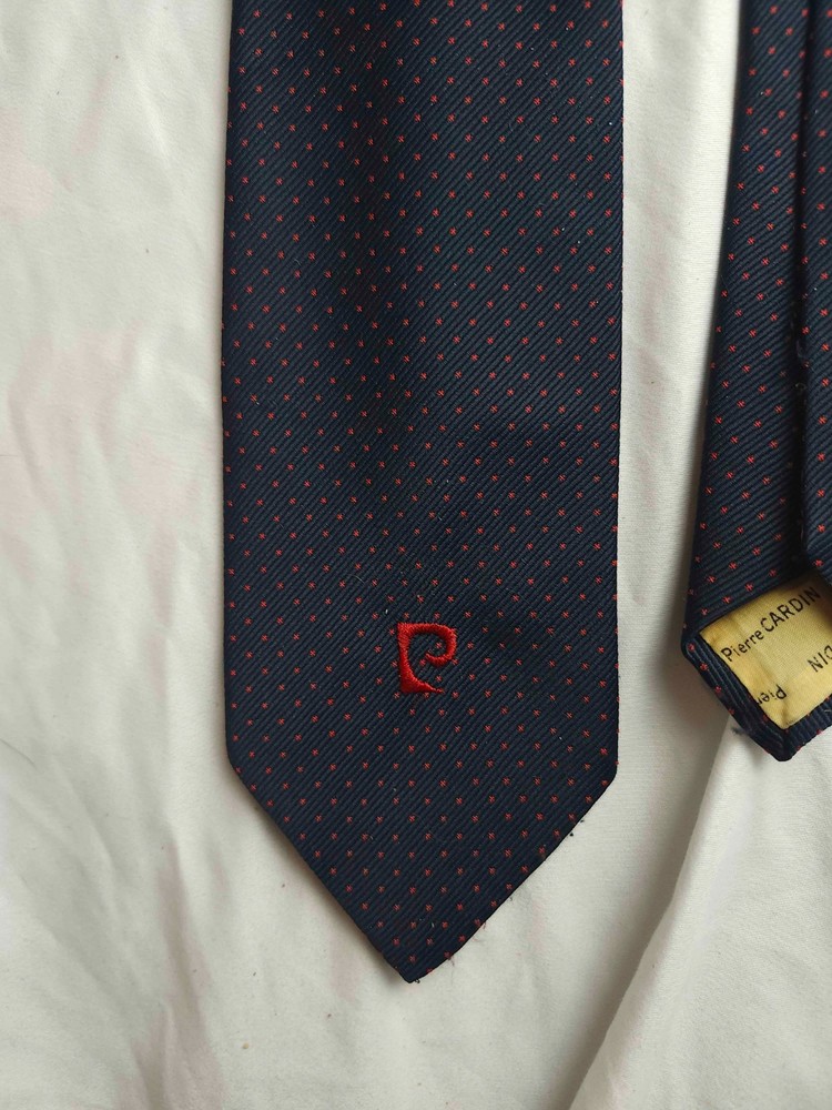 Pierre Cardin Mens Necktie Navy Blue with Red Polka Dots with Embroidered Logo