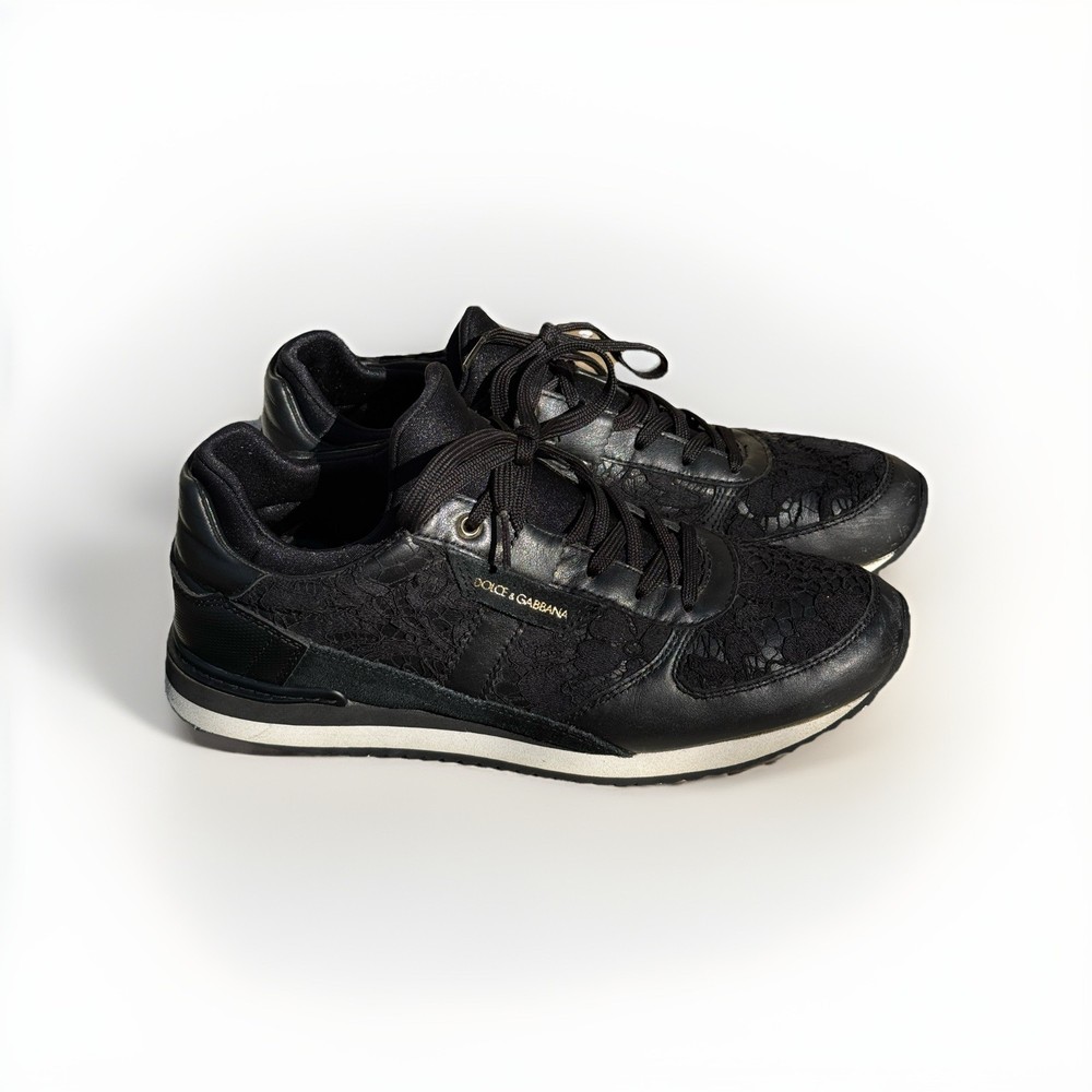 Dolce Gabbana Black Lace And Leather Low Top Sneakers Size 8.5