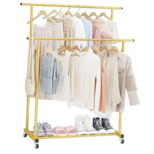 Double Rod Rolling Garment Rack with Wheels for Portable Clothes Storage-image