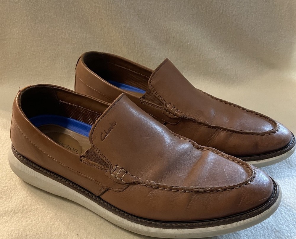 Clarks Tan Leather Loafer Slip On for Men Size 11 Preppy Comfort Career Shoe EUC
