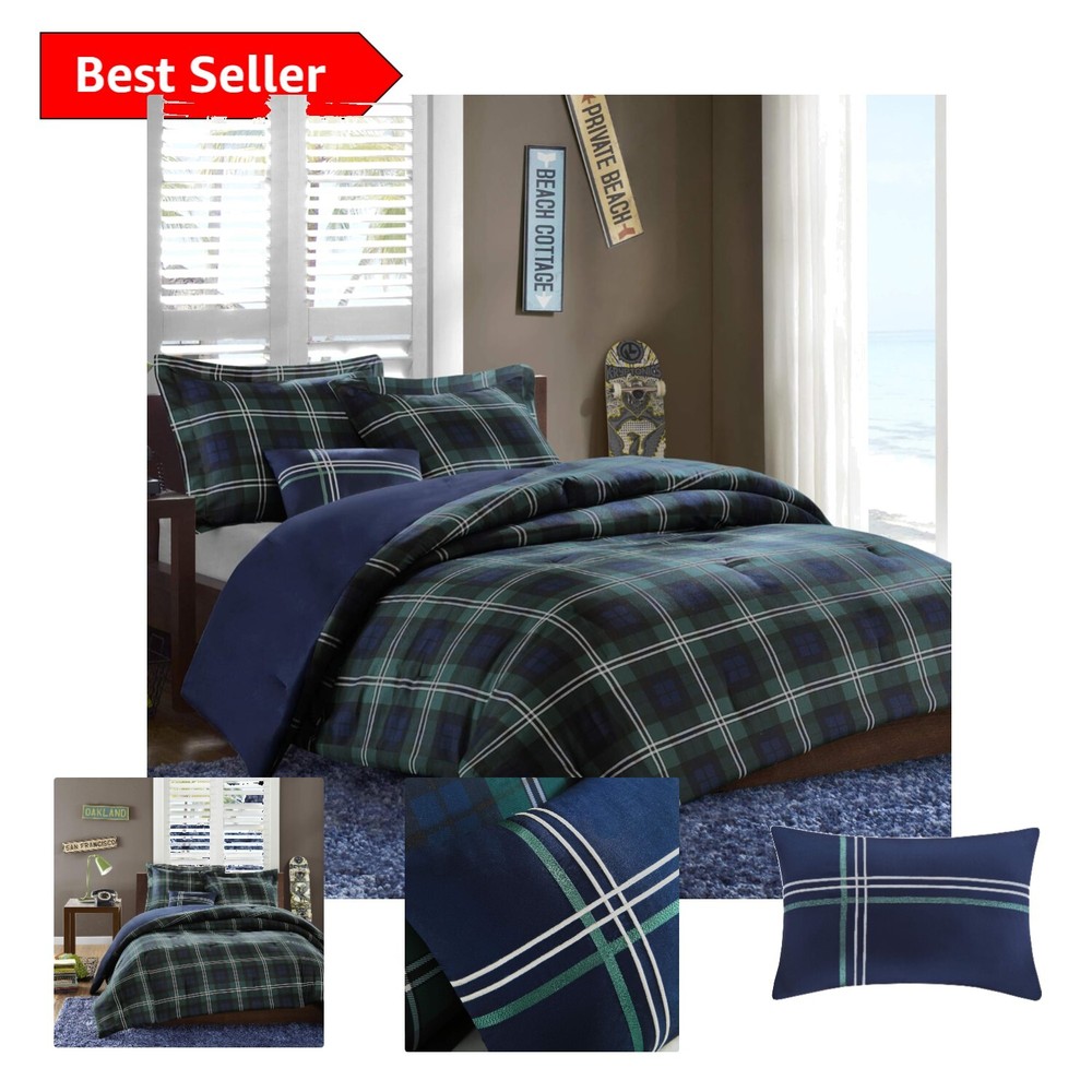 Brody Blue Plaid Full/Queen Comforter Set - Cozy 4-Piece Bedding Ensemble