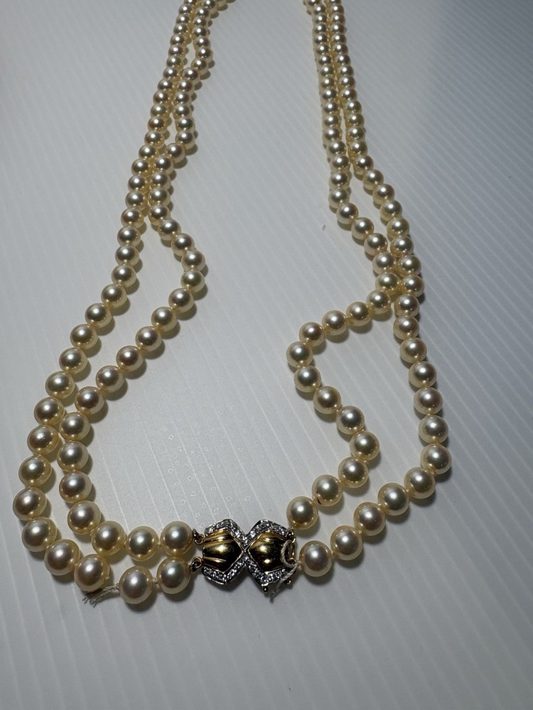 Akoya Pearl Double Strand Necklace 18K Gold 750 Diamond Clasp