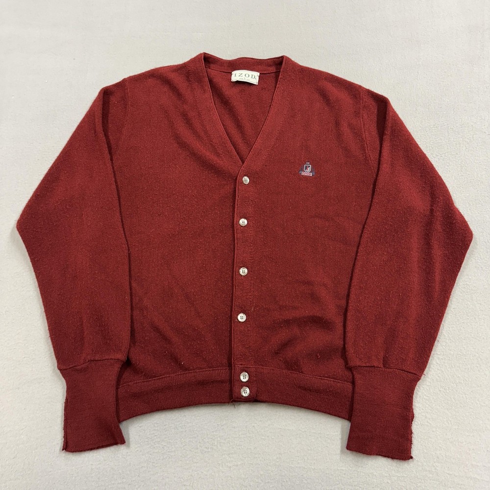Vintage Izod Sweater Mens Large Red Button Front Cardigan Crest Logo USA 80s