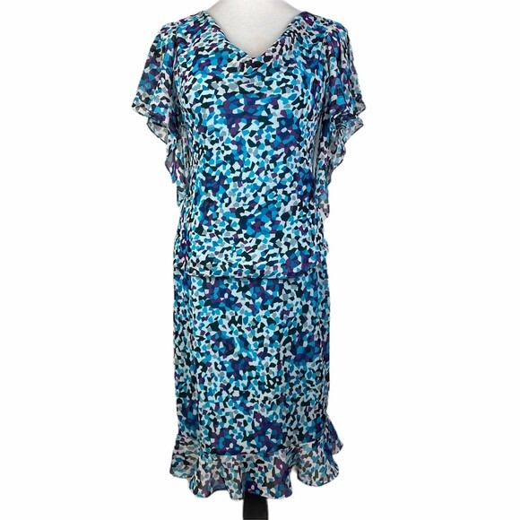 Julian Taylor Ruffled Cowl Neck Flare Skirt Set Size 6 Blue Purple Womens Outfit