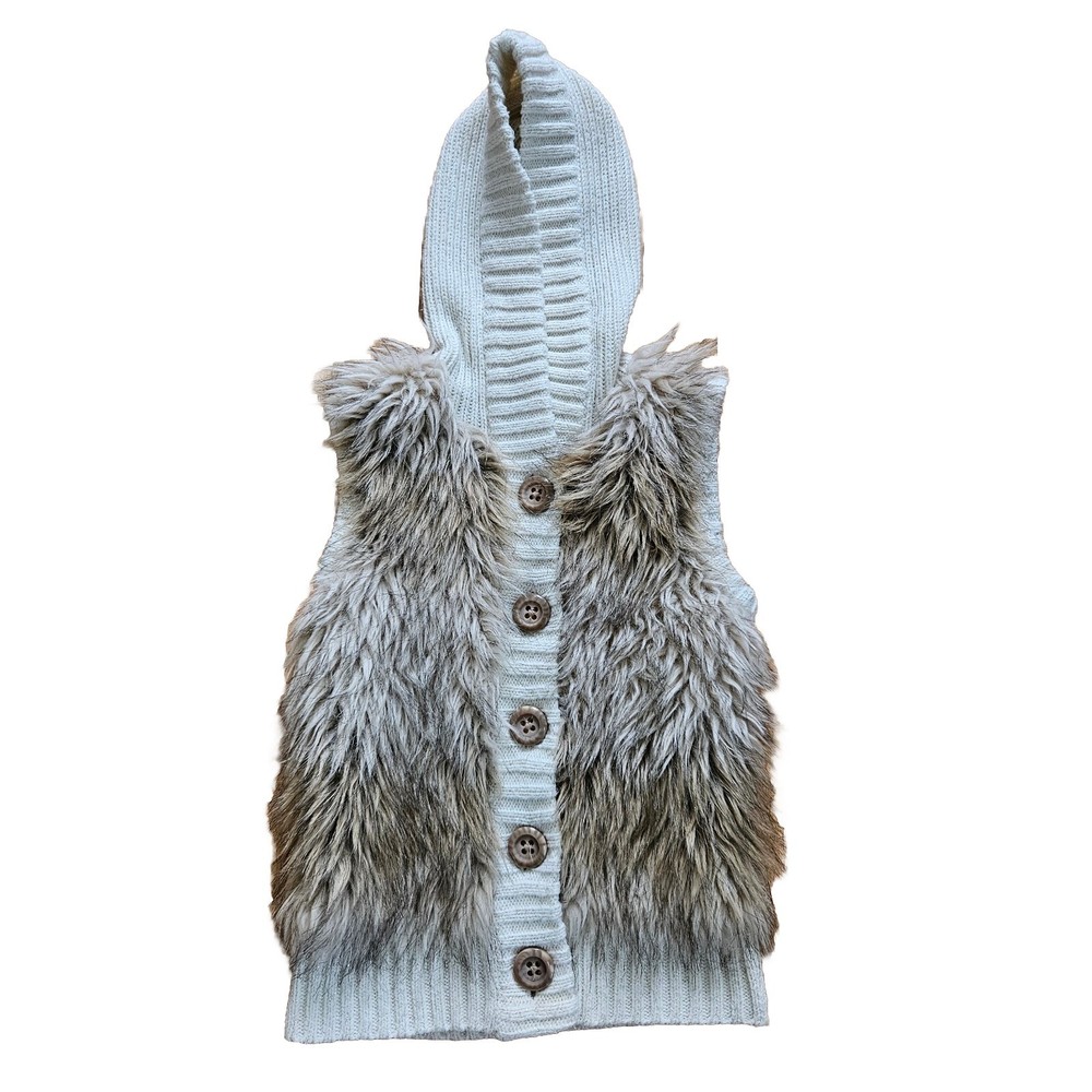 Justice Girls Faux Fur Sweater Vest 8 Hooded Hoodie Ivory Tan Button Front