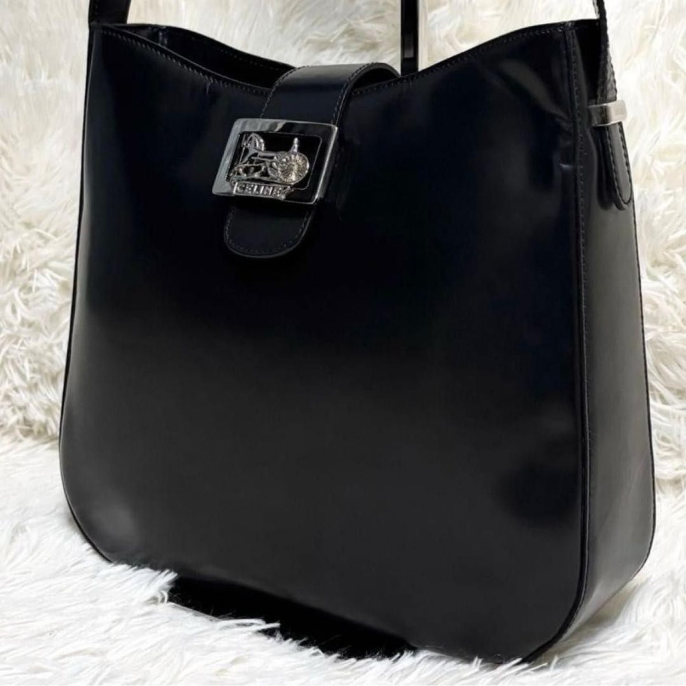 Vintage Celine Carriage One Shoulder Bag in Black Leather with Silver Accents