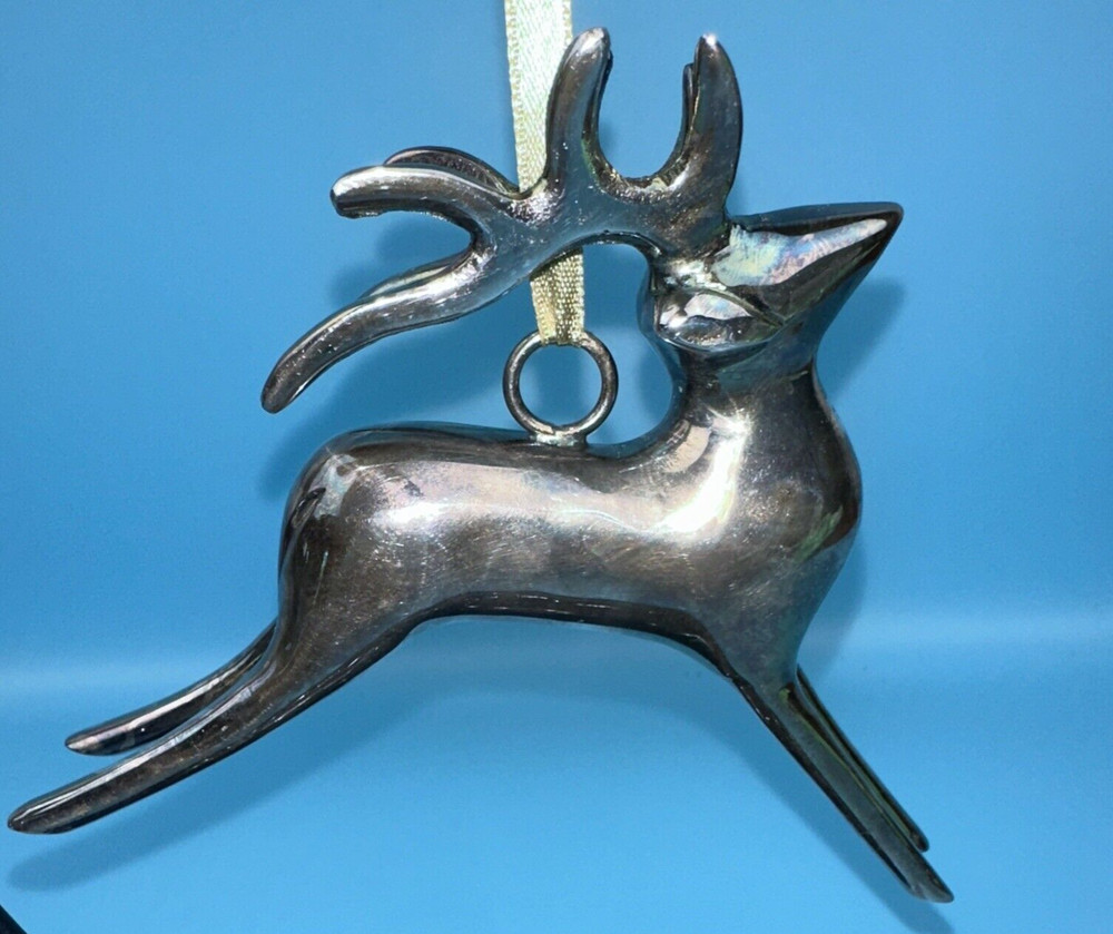 Pottery Barn Metal Silver Plate Ornament Deer Reindeer Christmas Tarnished