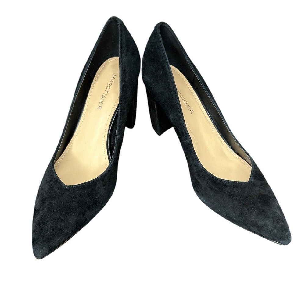 Marc Fisher Women’s Black Suede Caitlin Pump Pointed Toe Block Heel Size 8