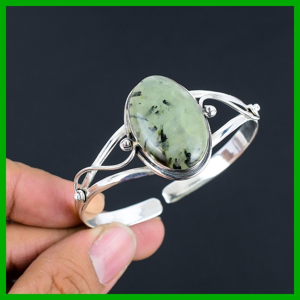 Mothers day Deal 925 Silver Moss Prehnite Gemstone Anniversary Bangle Bracelet-image